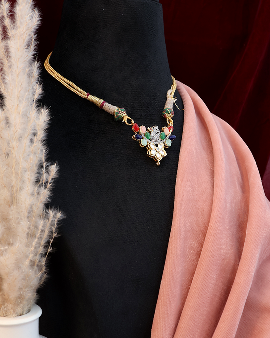 Peacock Navratna Thread Necklace