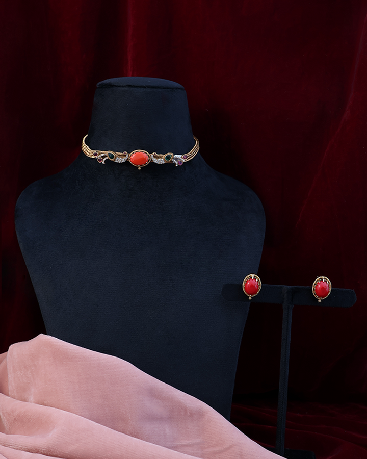 Red Stone Choker Necklace Set with Minimal Gold Detailing