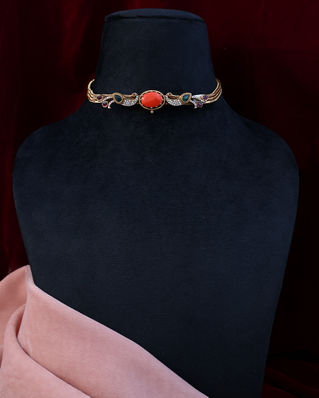Red Stone Choker Necklace Set with Minimal Gold Detailing