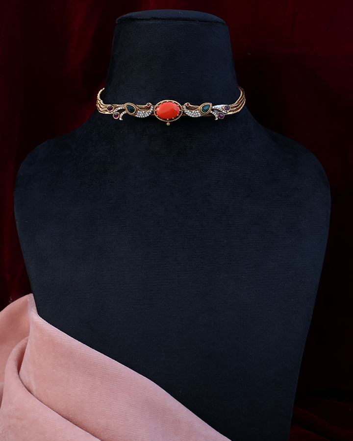 Red Stone Choker Necklace Set with Minimal Gold Detailing