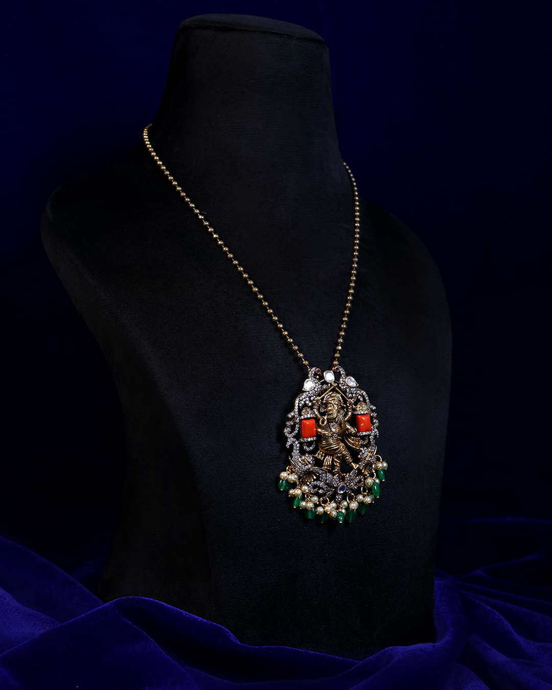 Lord Ganesha Antique Necklace with Coral Accents & Green Drops