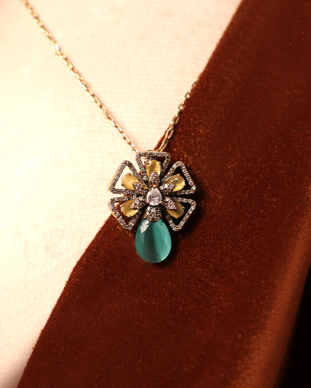 Floral Cutwork Necklace with Aqua Blue Drop