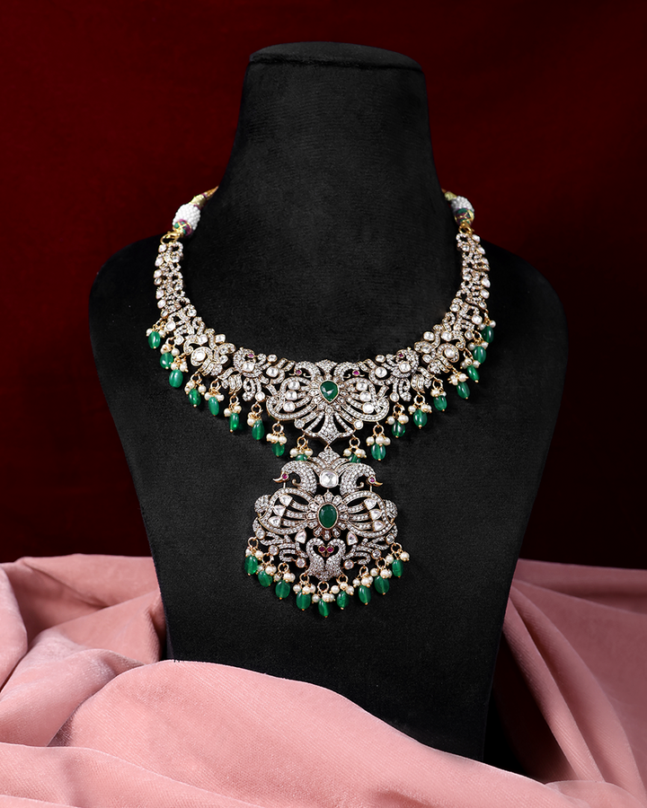 Emerald Stone Necklace Set with Double Peacock Design