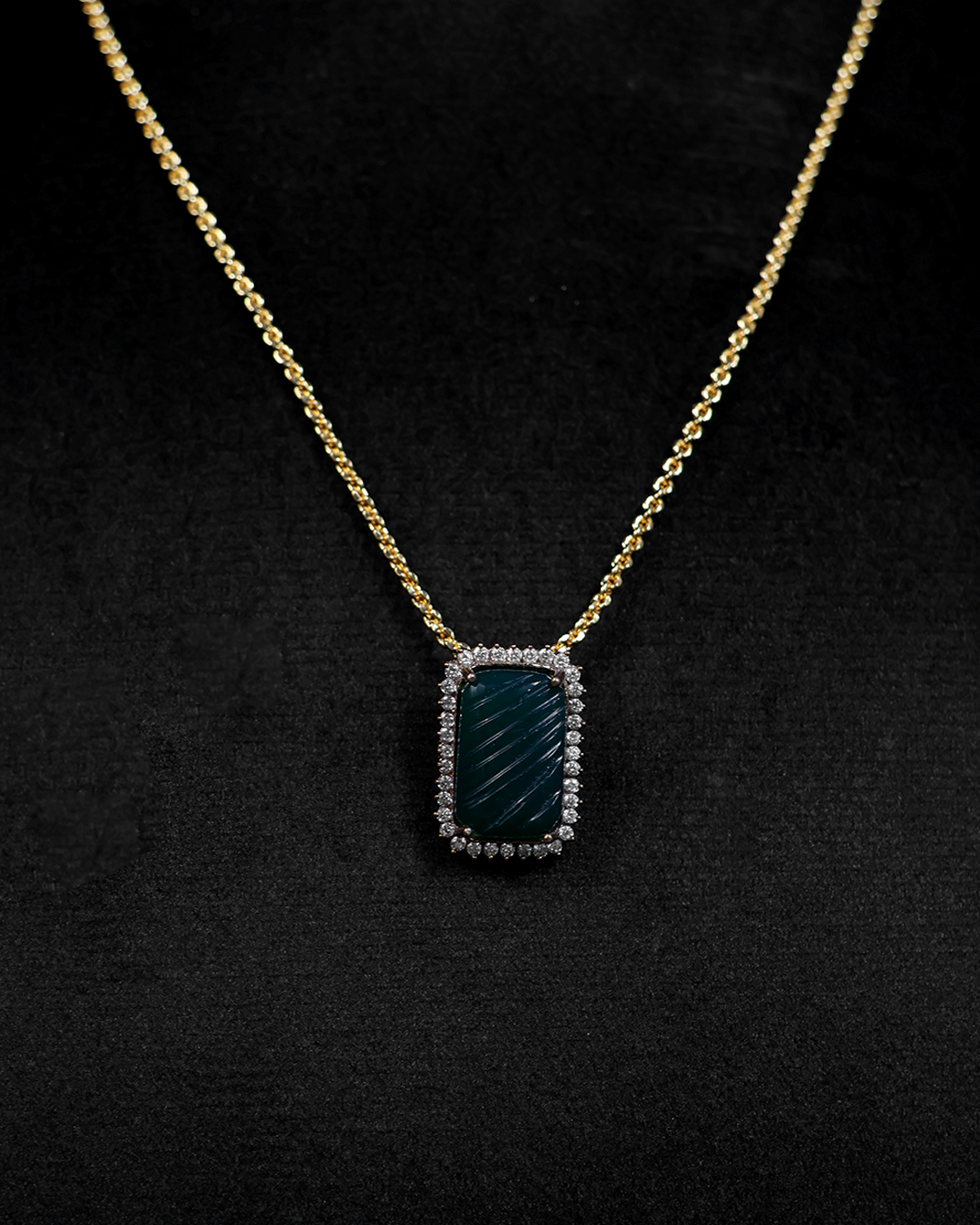 Deep Emerald Rectangle Necklace with Diamond Halo