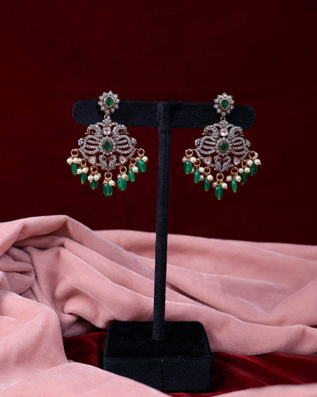 Emerald Stone Necklace Set with Double Peacock Design