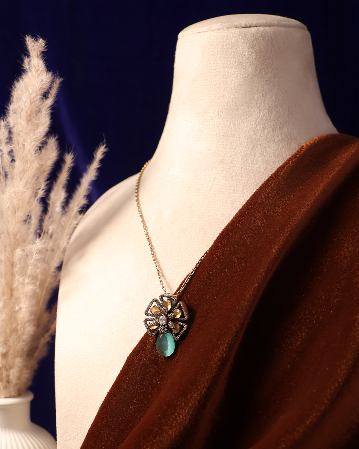 Floral Cutwork Necklace with Aqua Blue Drop