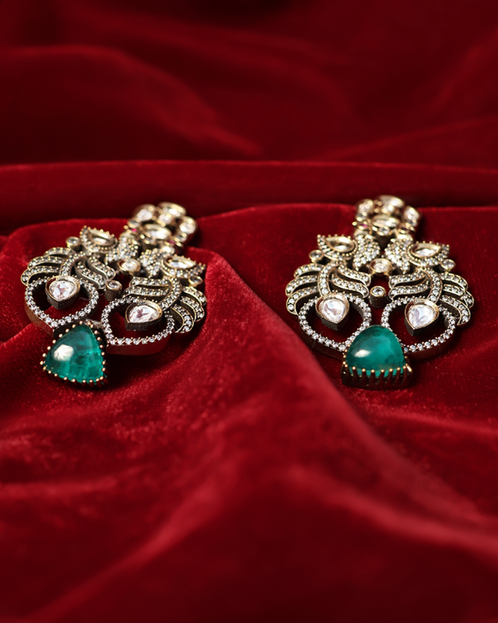 Emerald Drop Studs with Kundan Leaf Motifs