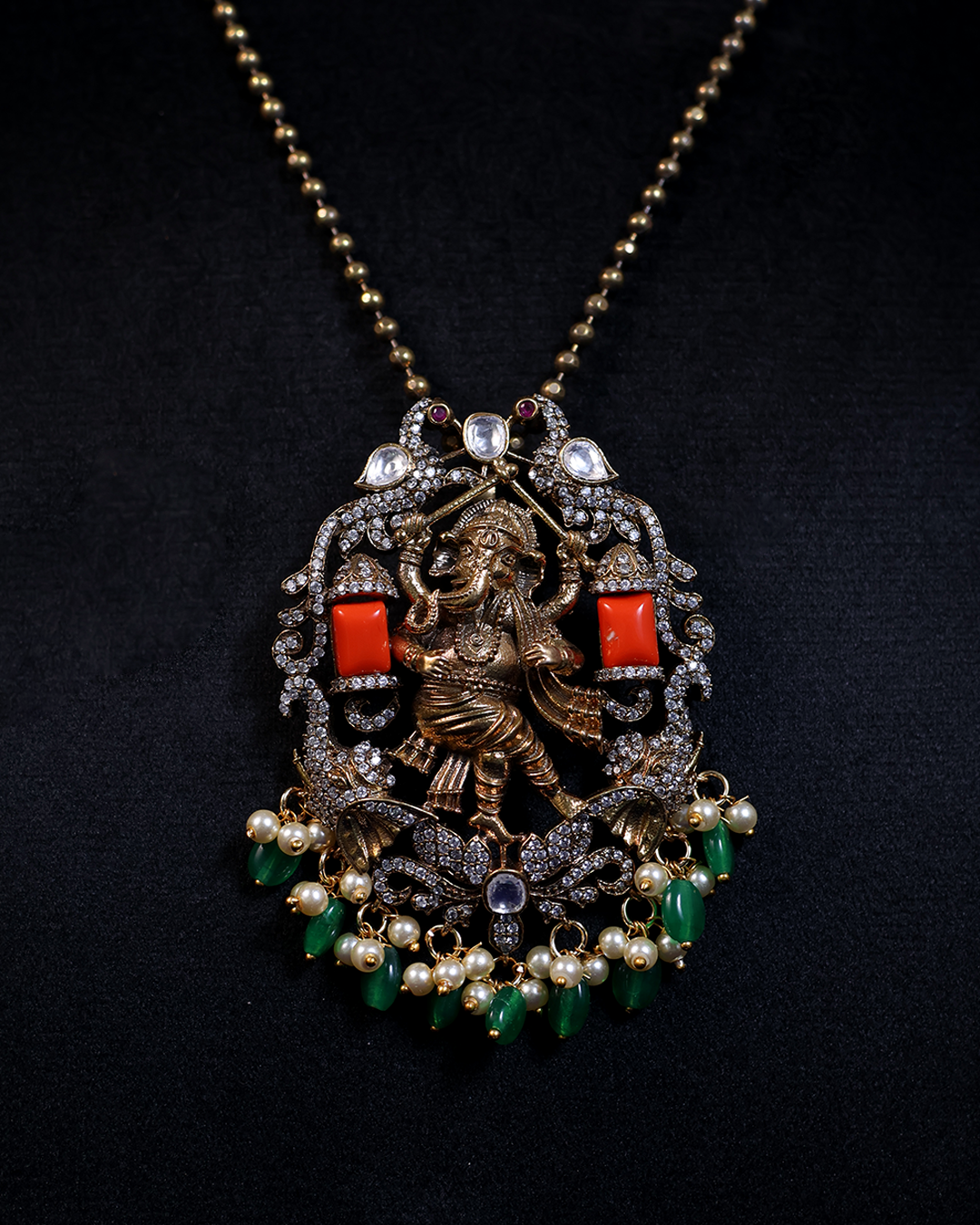 Lord Ganesha Antique Necklace with Coral Accents & Green Drops