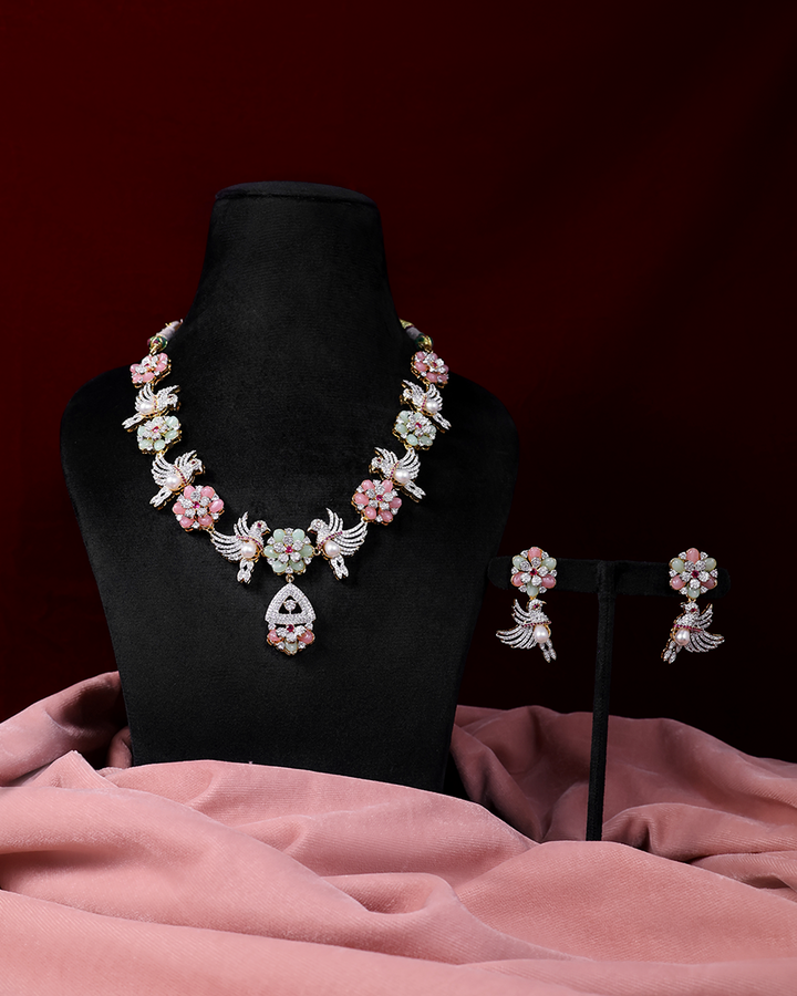 Pastel Floral Necklace Set with Pearl Drops