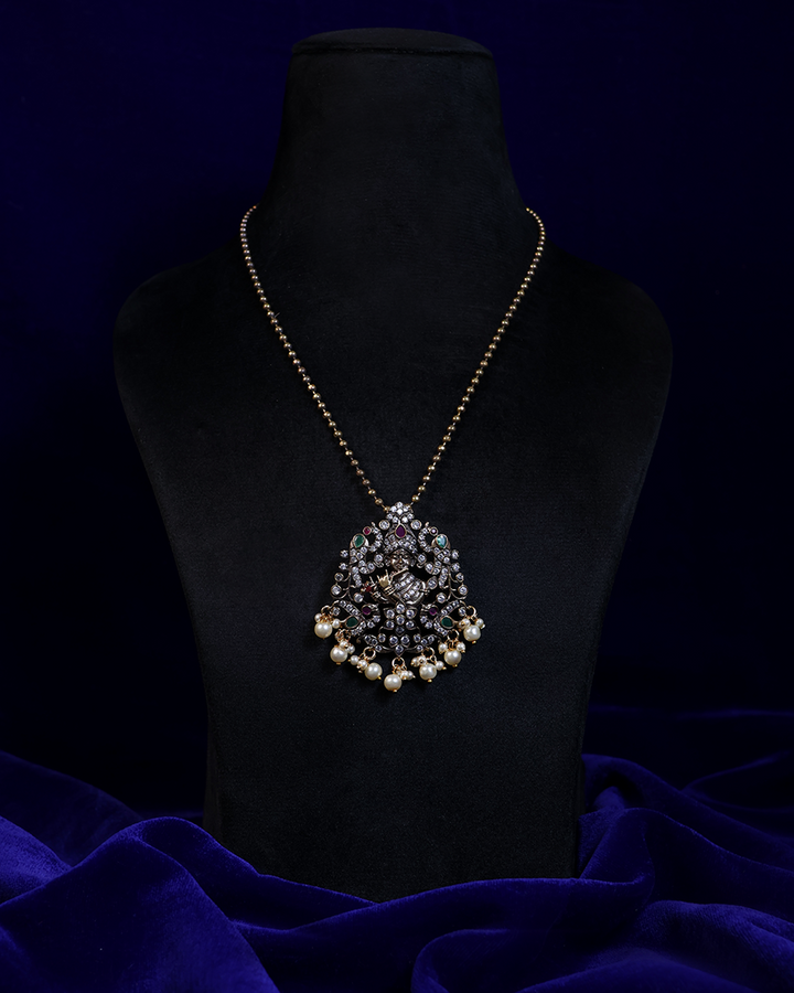 Antique Gold Necklace with Regal Motif & Pearl Drops