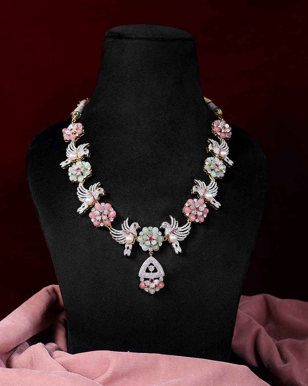Pastel Floral Necklace Set with Pearl Drops