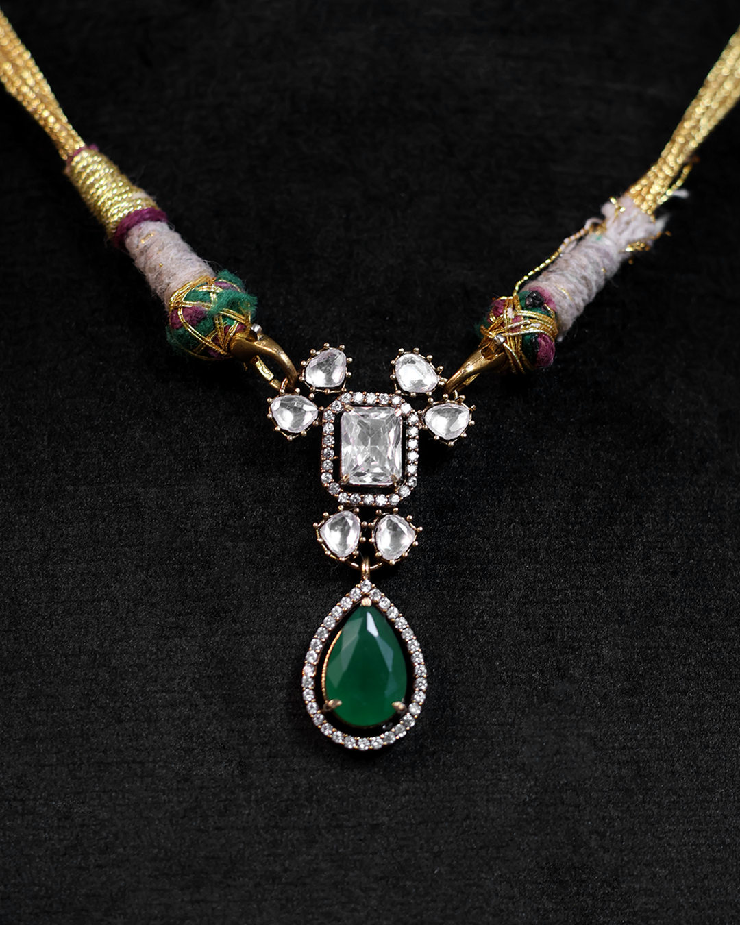 Emerald Teardrop Necklace with Polki Highlights