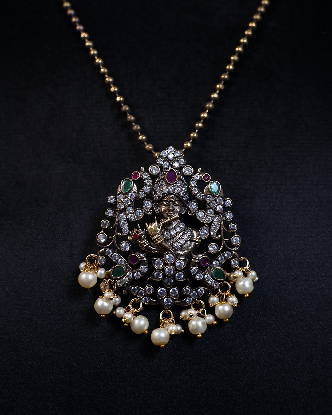 Antique Gold Necklace with Regal Motif & Pearl Drops