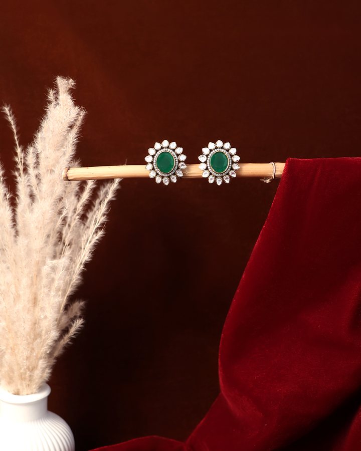 Emerald Green Studs with Kundan Petal Halo