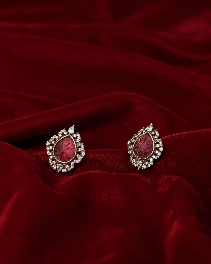 Carved Rose Pink Teardrop Stud Earrings
