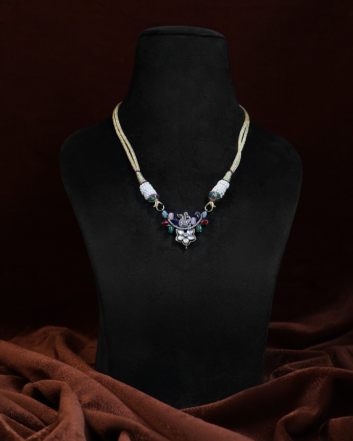 Multicolour Ganesh Necklace with Floral Diamond Drop