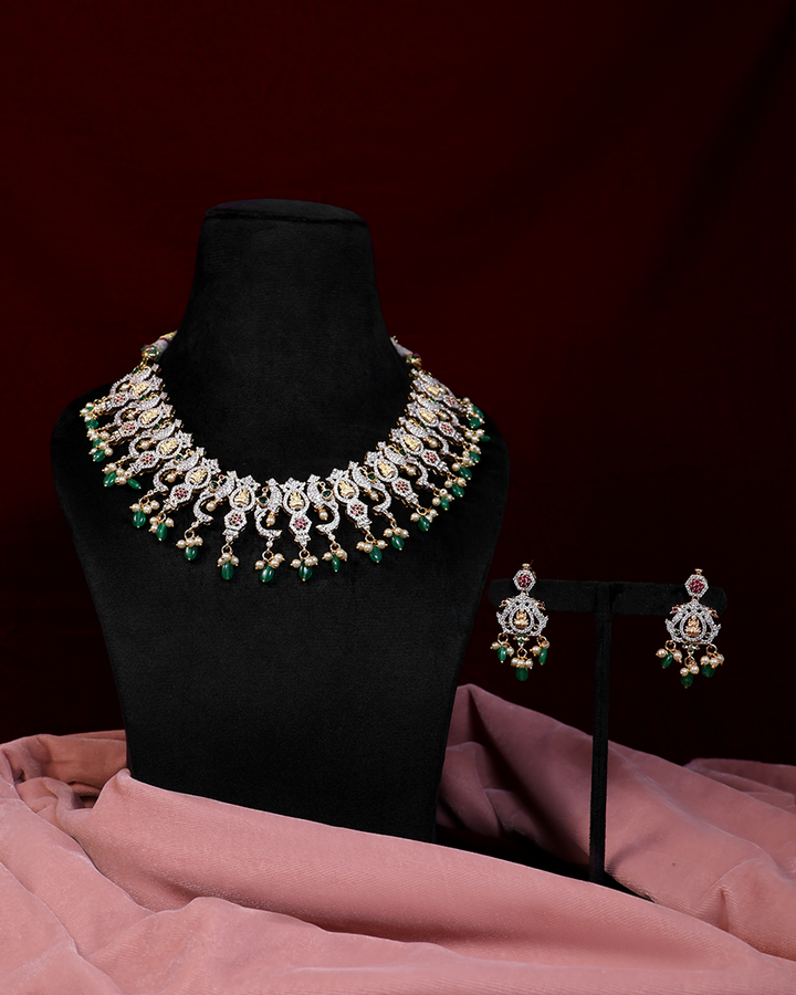 Ruby-Green Stone Necklace Set with Kundan Detailing