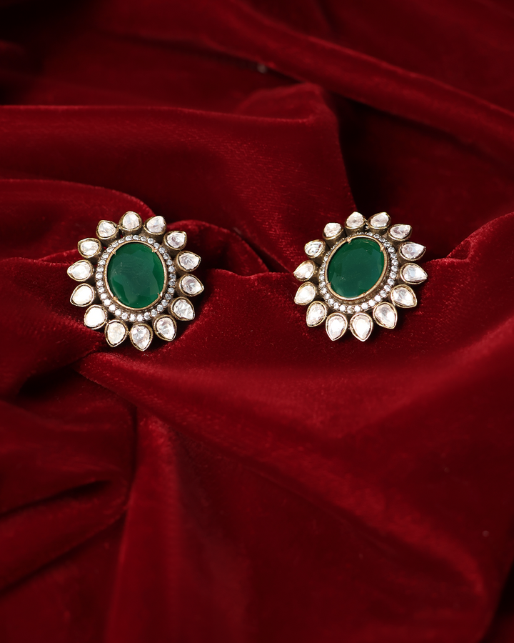 Emerald Green Studs with Kundan Petal Halo