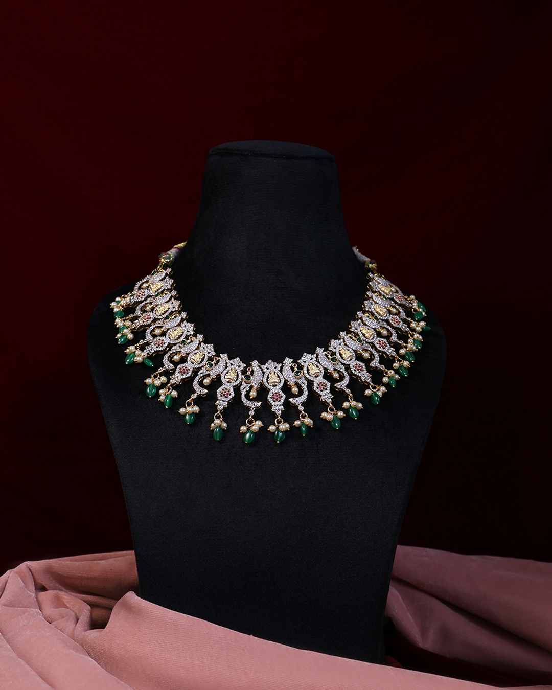 Ruby-Green Stone Necklace Set with Kundan Detailing