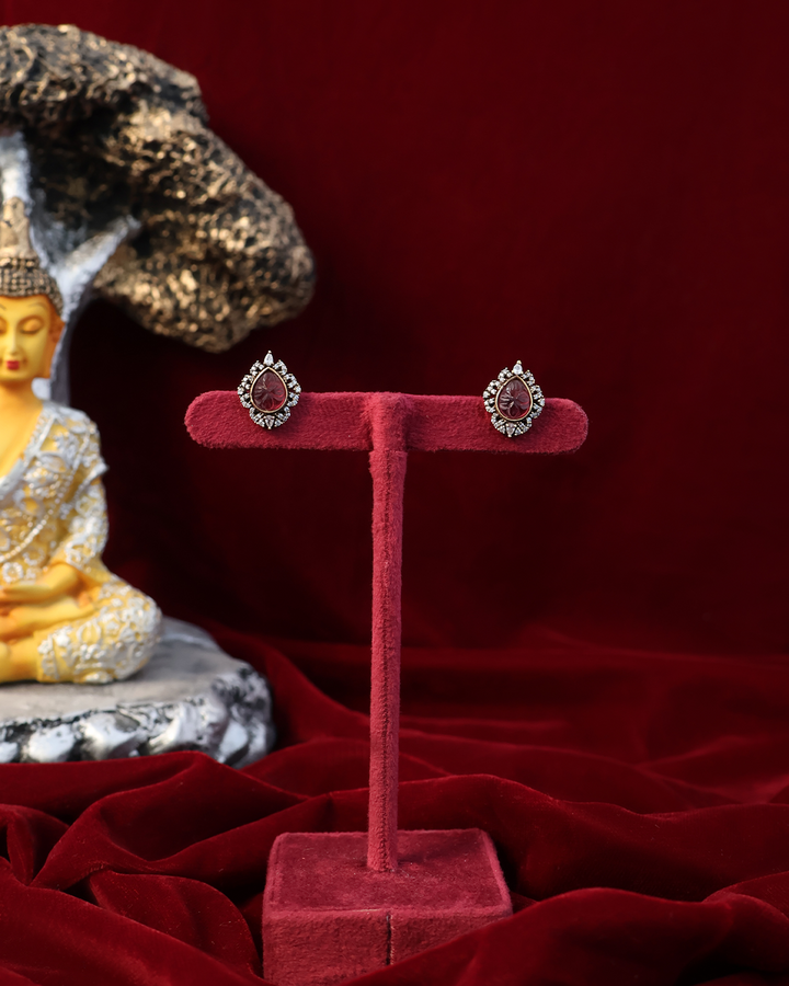 Carved Rose Pink Teardrop Stud Earrings