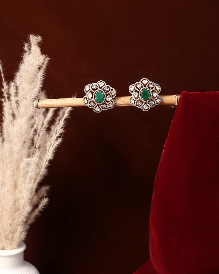 Green Stone Floral Studs with Kundan Halo