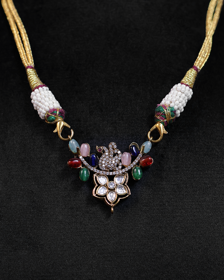 Multicolour Ganesh Necklace with Floral Diamond Drop