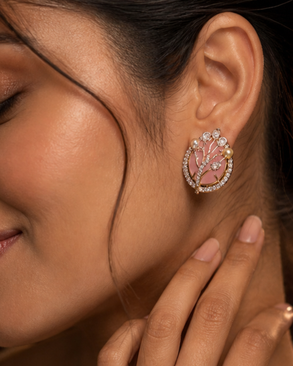 Blush Pink Floral Studs with Pearl Accents