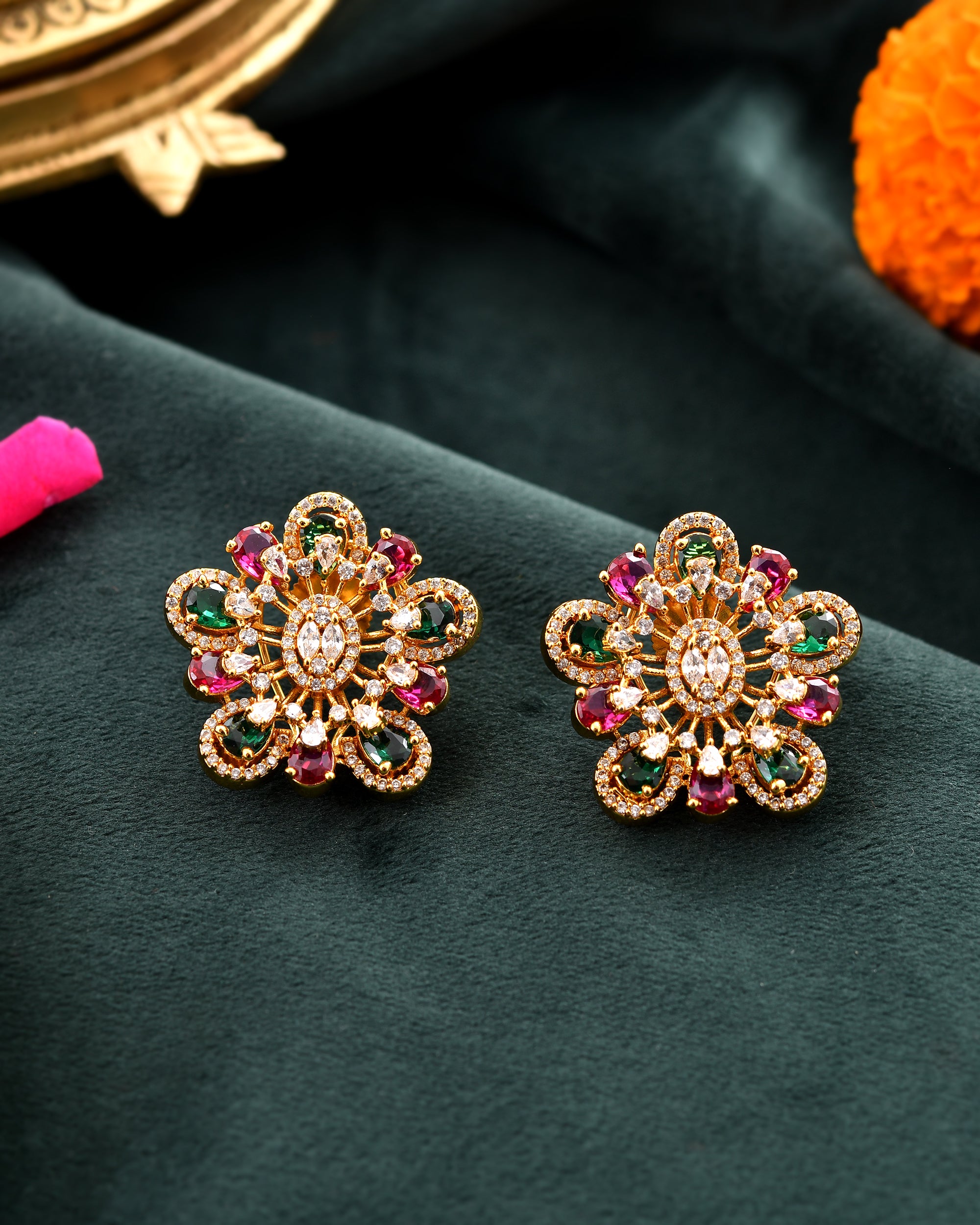Emerald and Ruby Floral Studs with Gold Finish