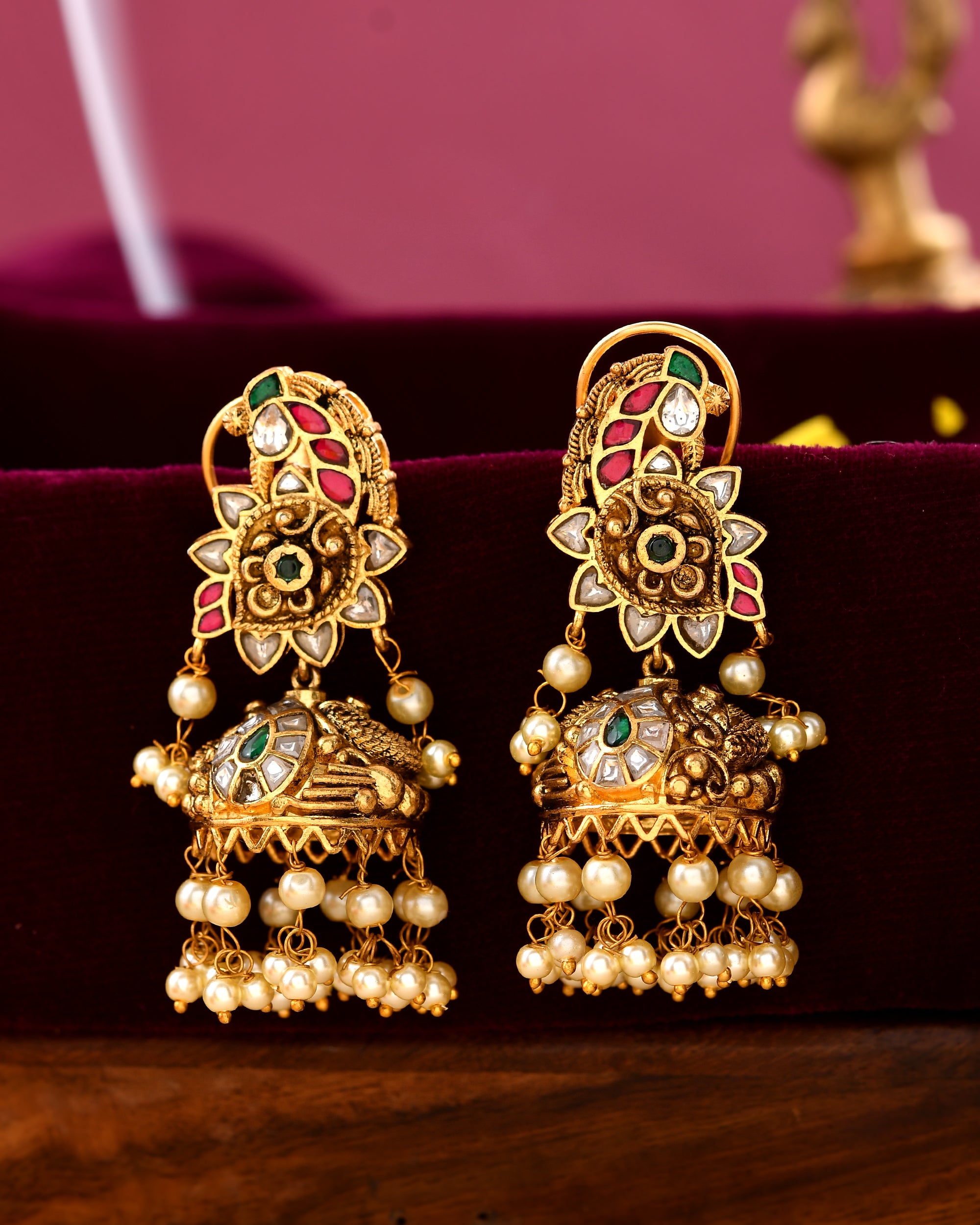 Antique Temple Jhumkas with Kundan and Pearls