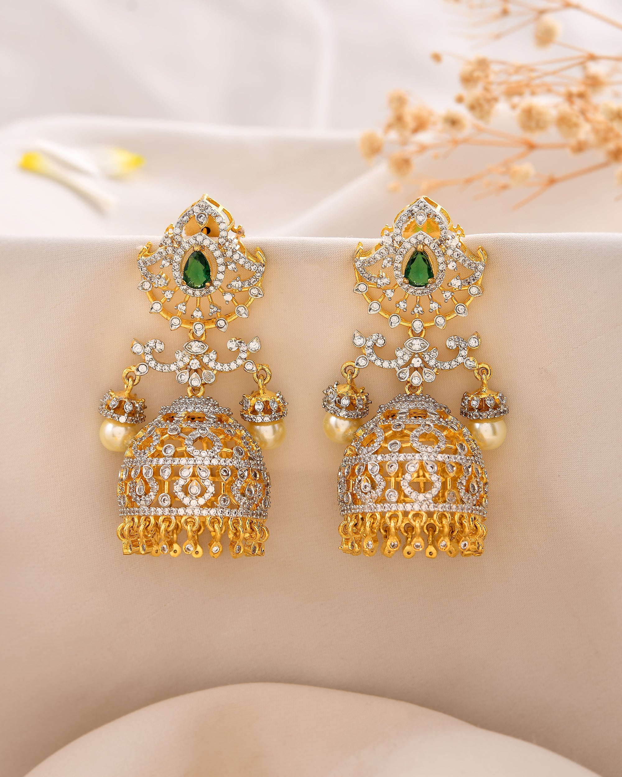 Royal Noor – Green & White CZ Jhumkas in GJ Finish