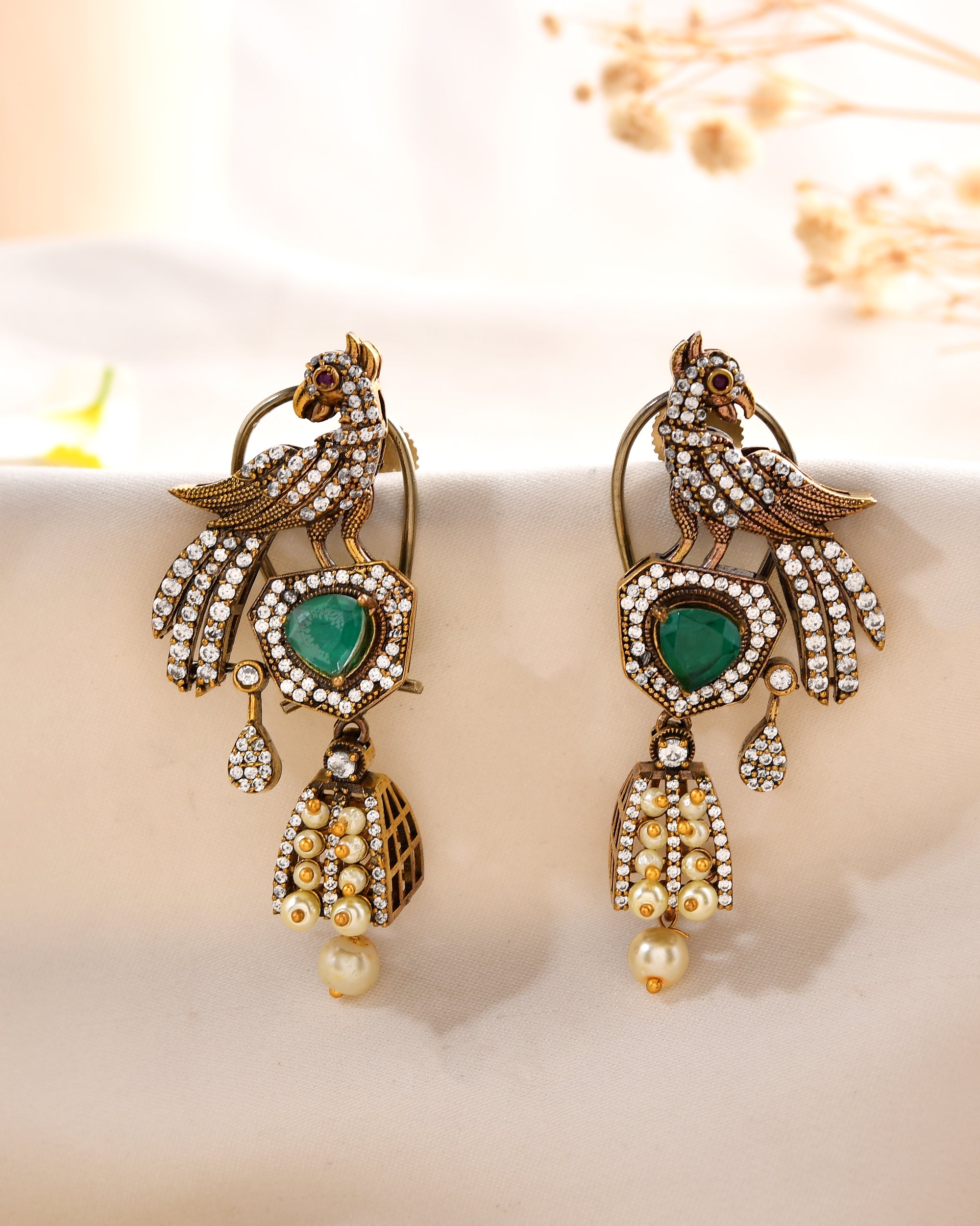 Emerald Drop Bird Earrings with Antique Gold Finish