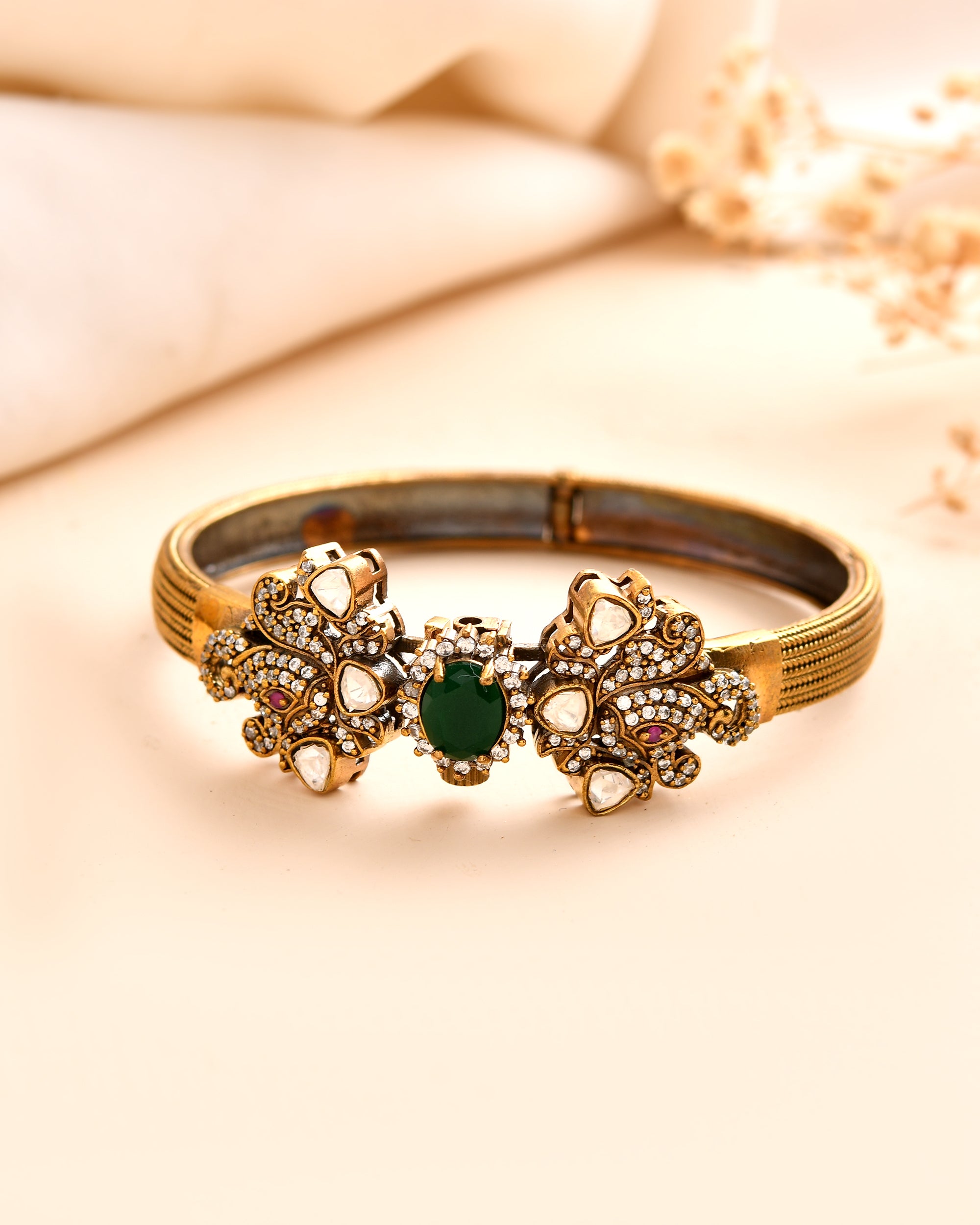 Antique Floral Kada with Emerald Centerpiece