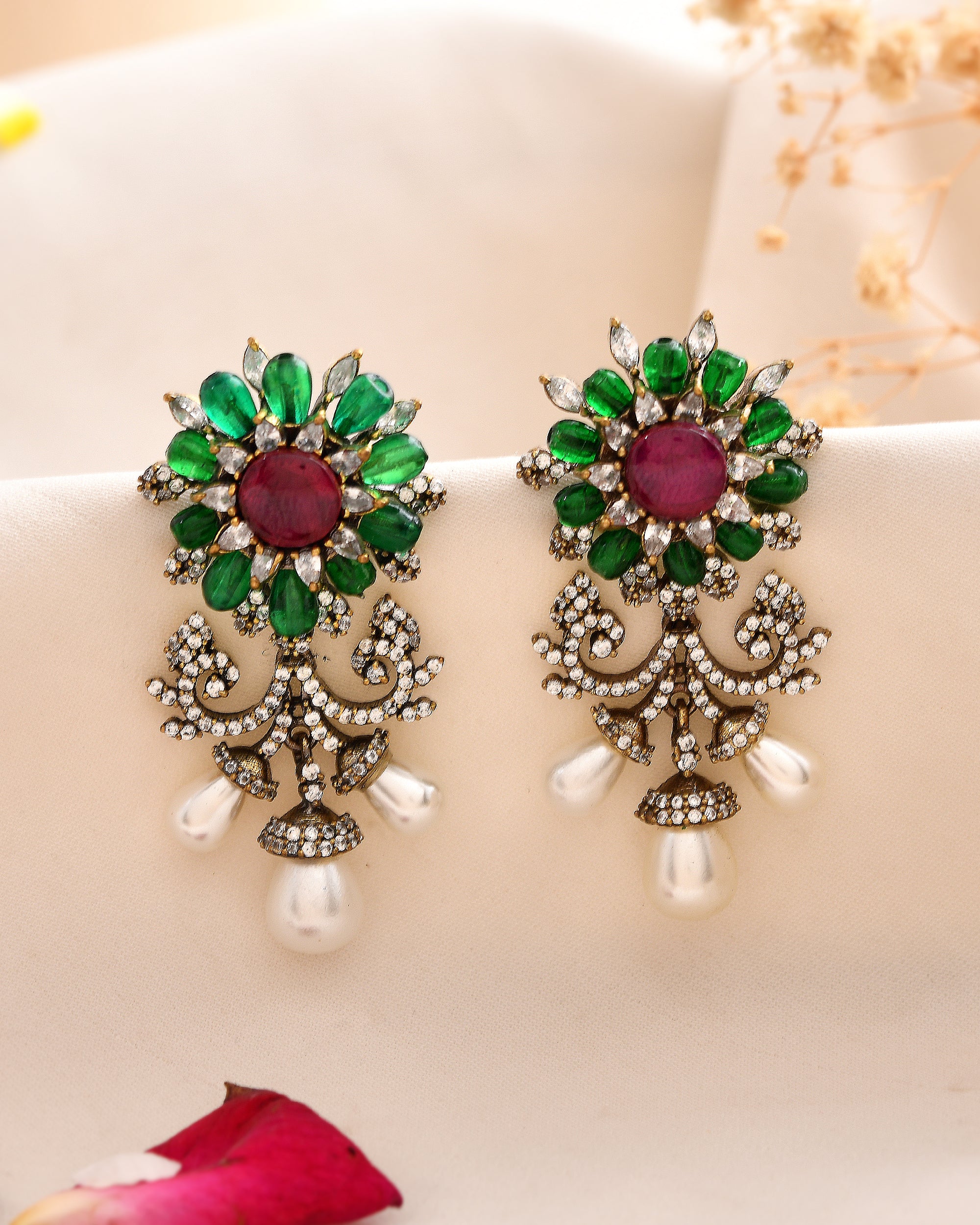 Floral Studs with Ruby Center, Emerald Petals & Pearl Drops
