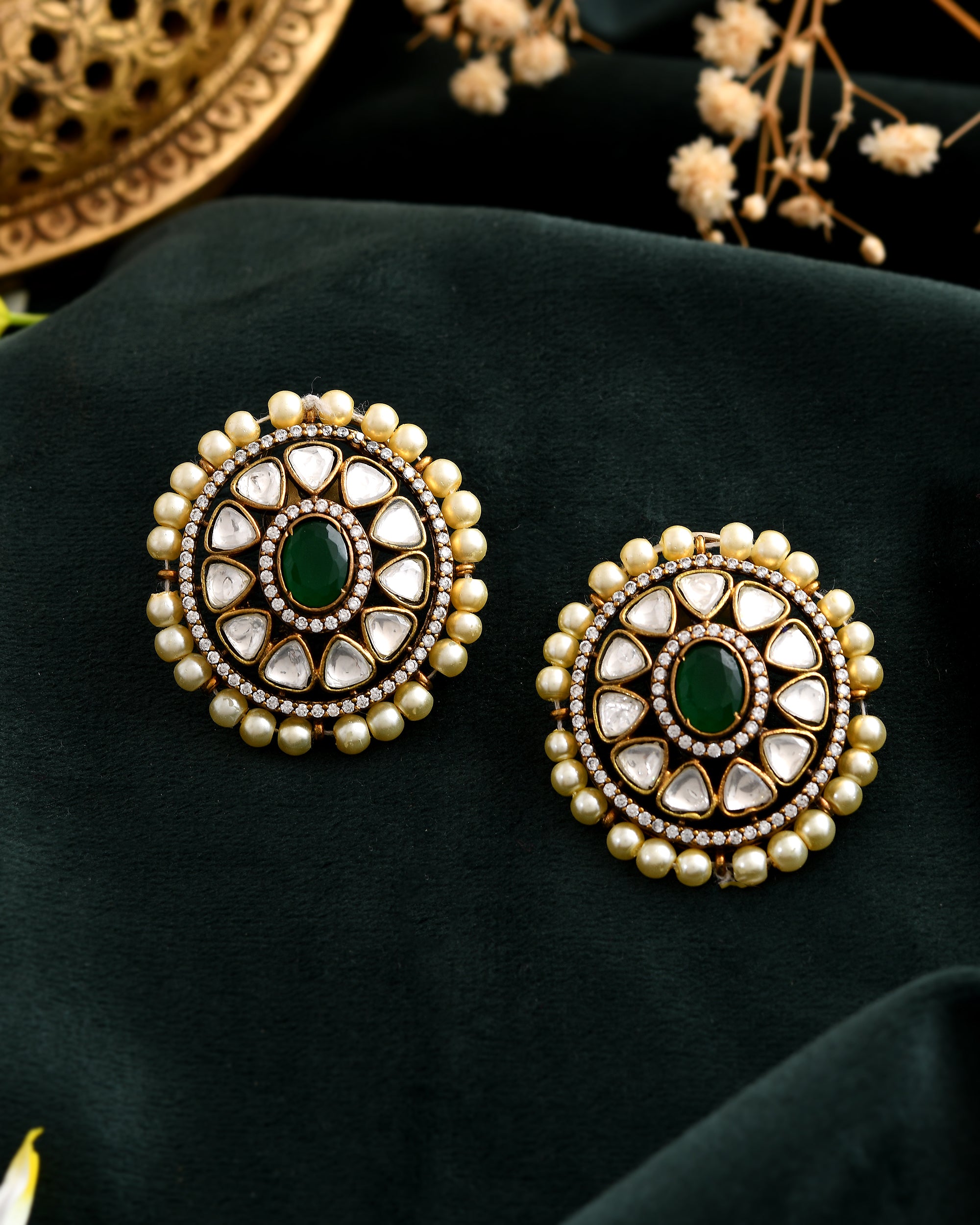 Round Kundan Studs with Green Center & Pearls