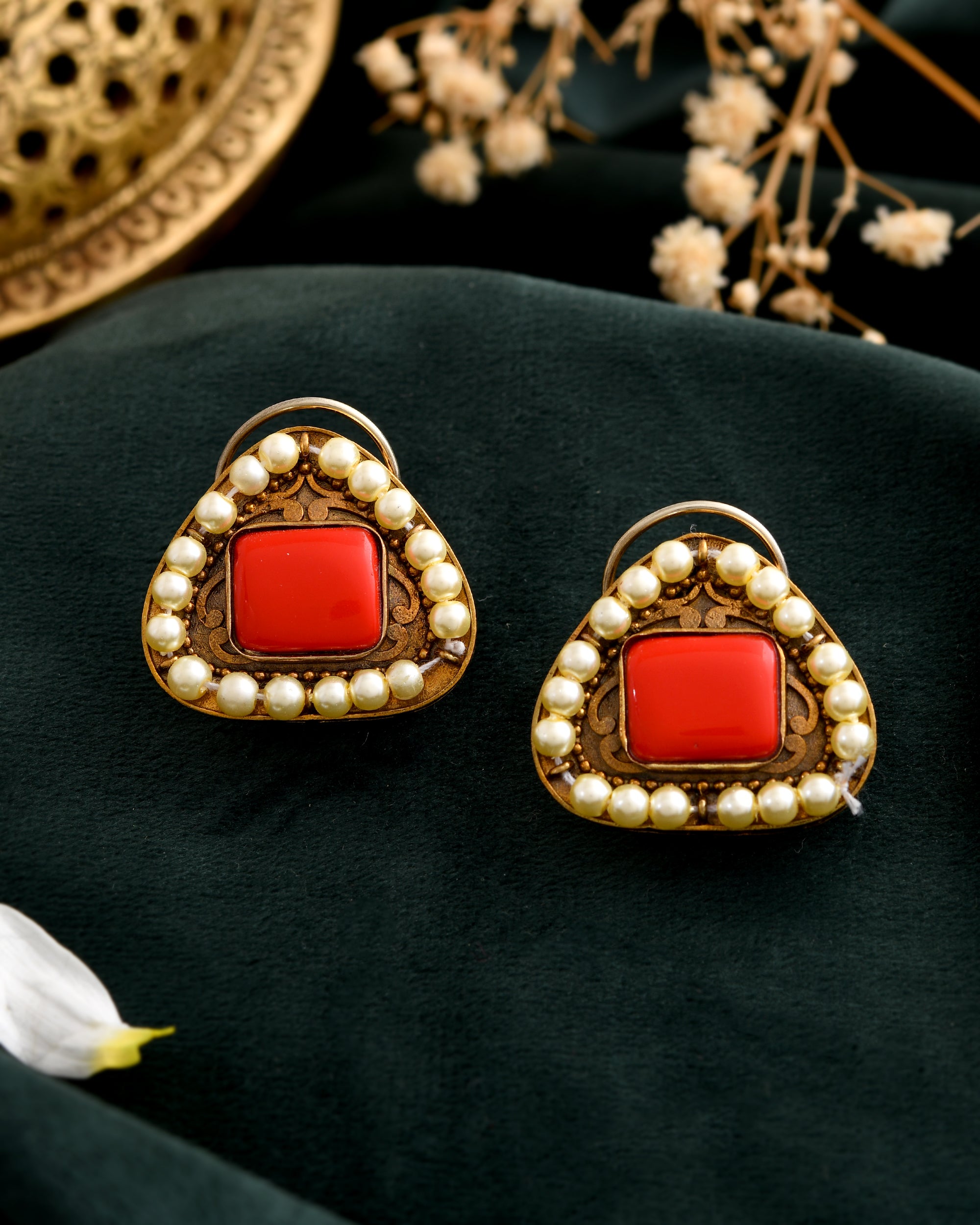 Red Stone Triangle Earrings with Pearl Frame