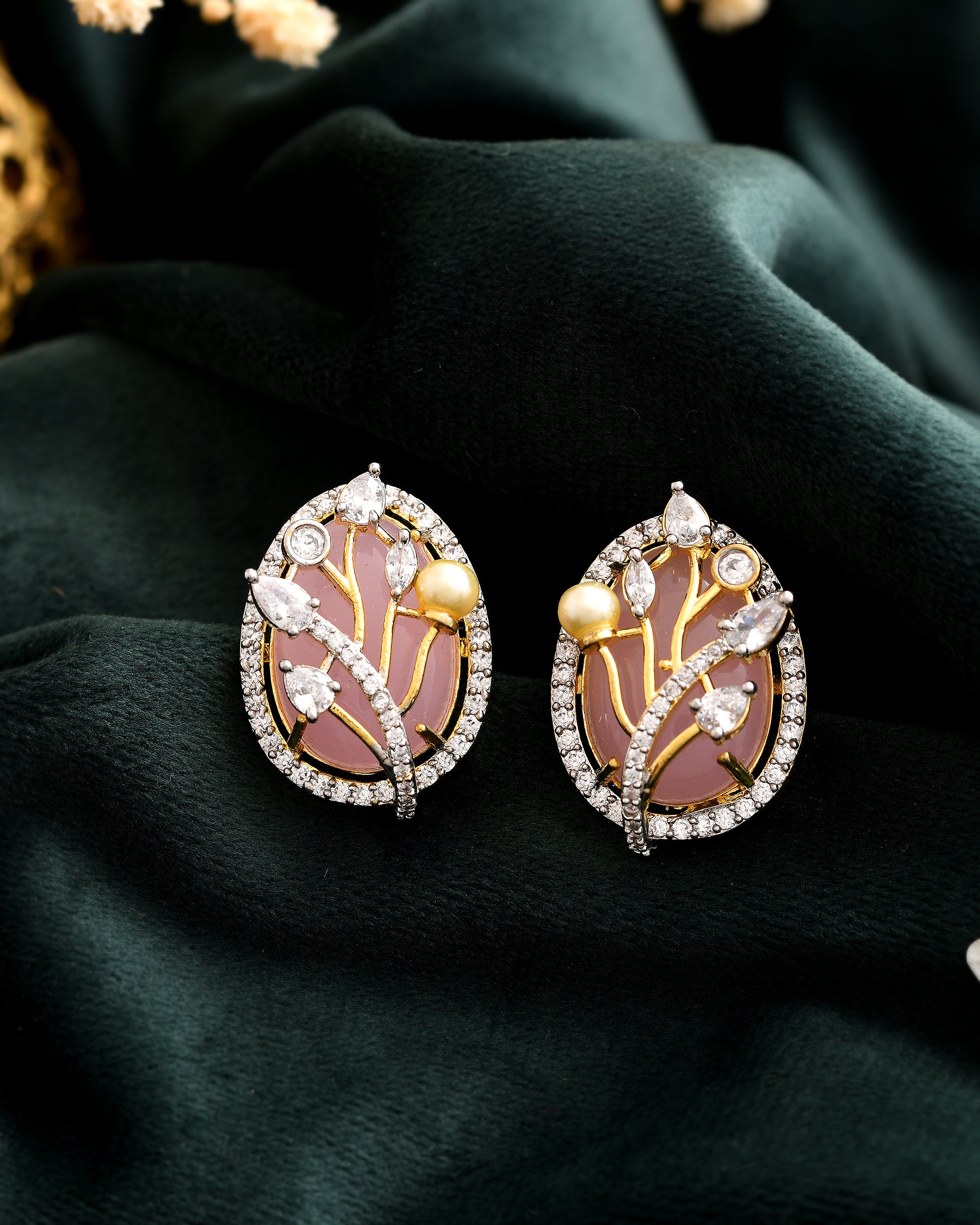 Blush Pink Floral Studs with Pearl Accents