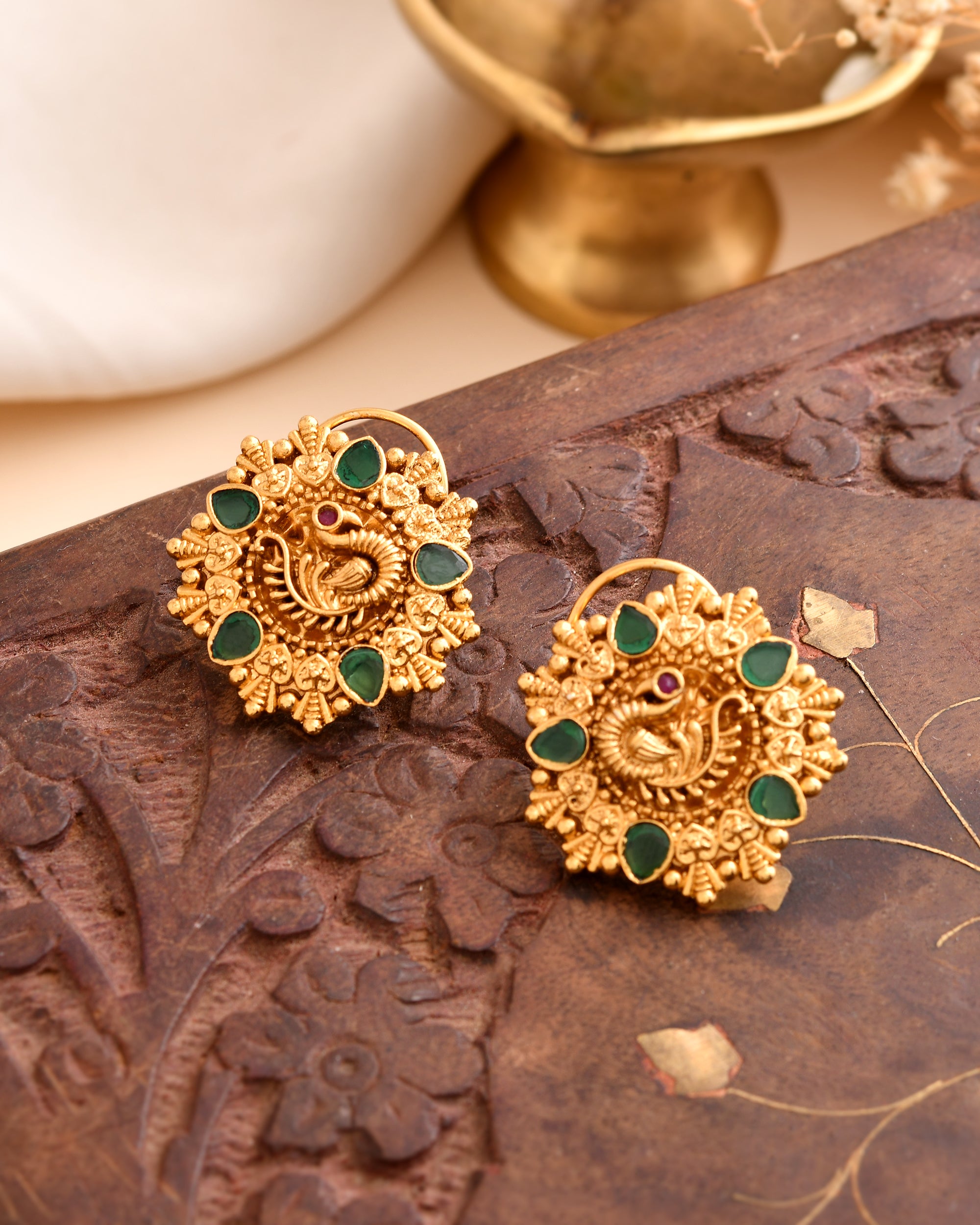 Peacock Motif Studs with Emerald Tear Drops & Antique Gold Detailing
