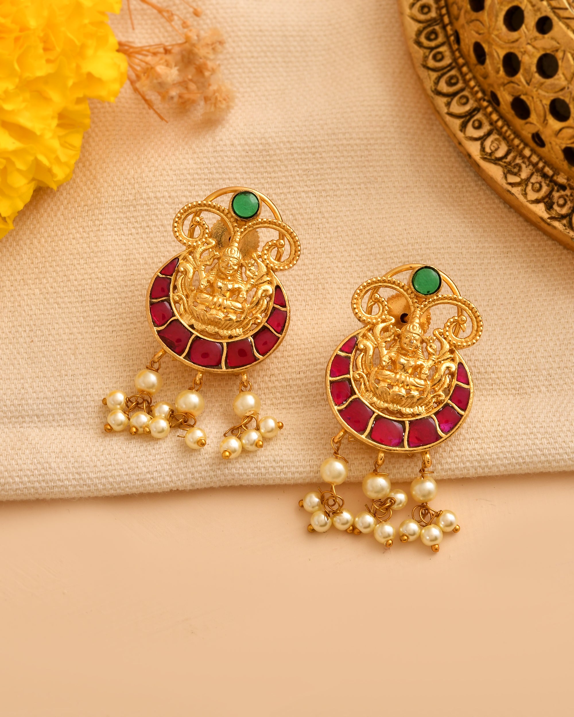 Temple Motif Necklace Set with Pink Enamel
