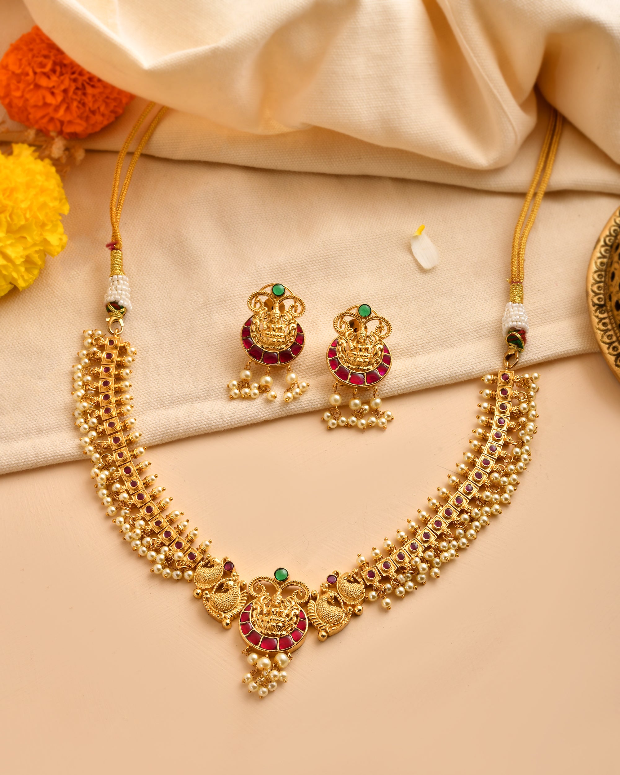 Temple Motif Necklace Set with Pink Enamel