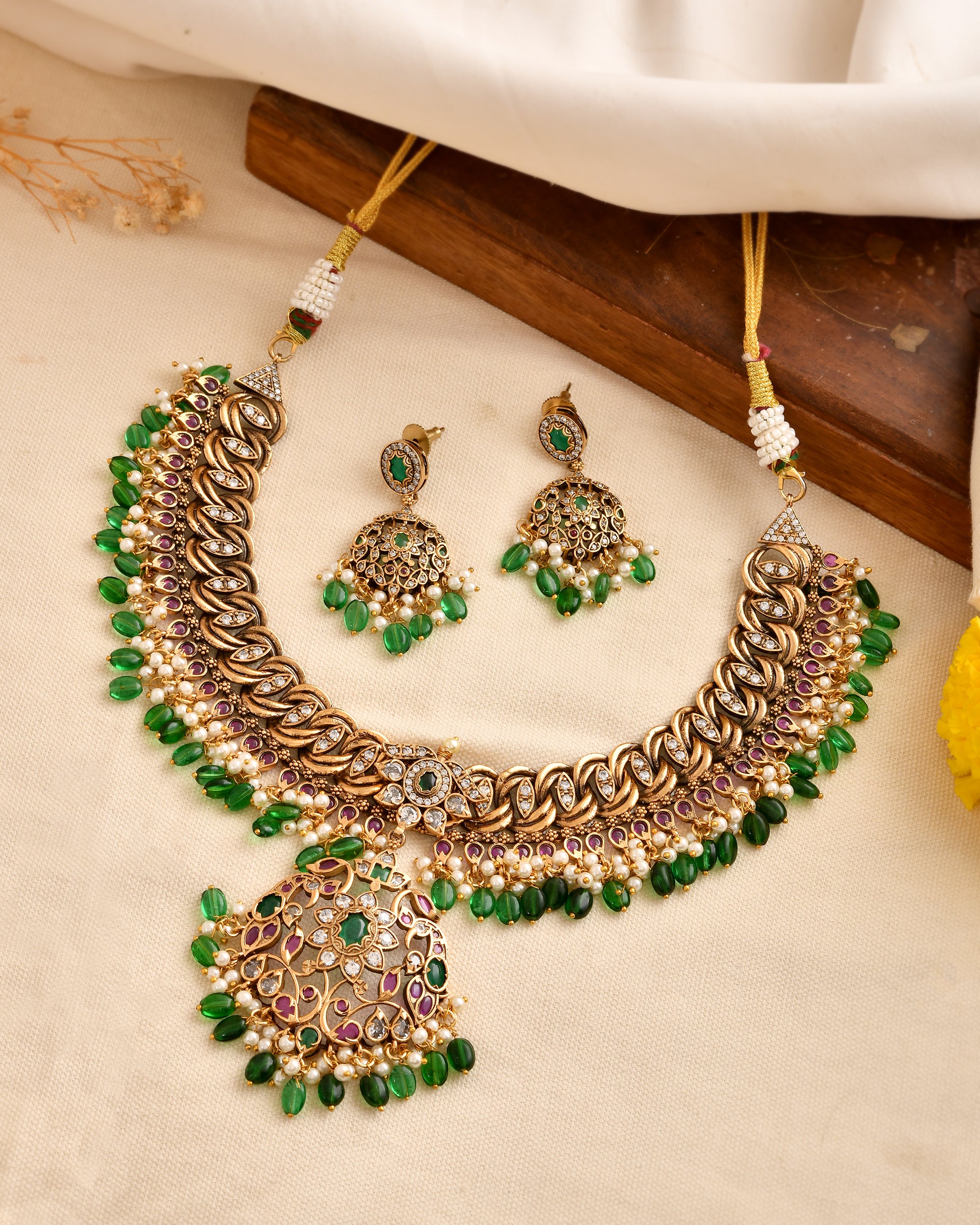 Layered Bridal Necklace Set with Green Jhumkas