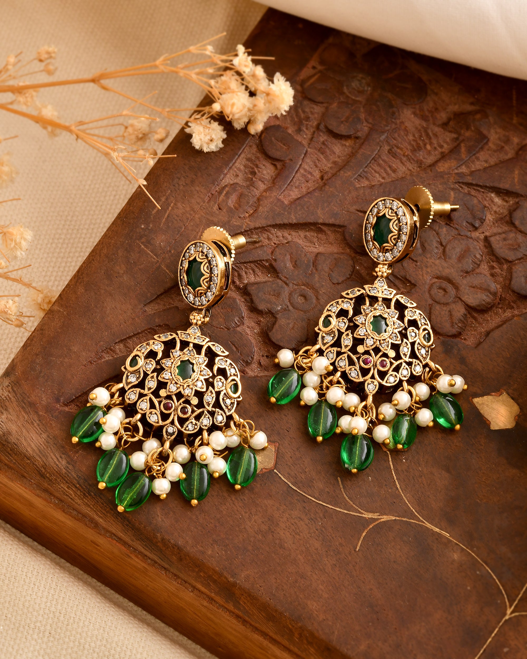 Layered Bridal Necklace Set with Green Jhumkas