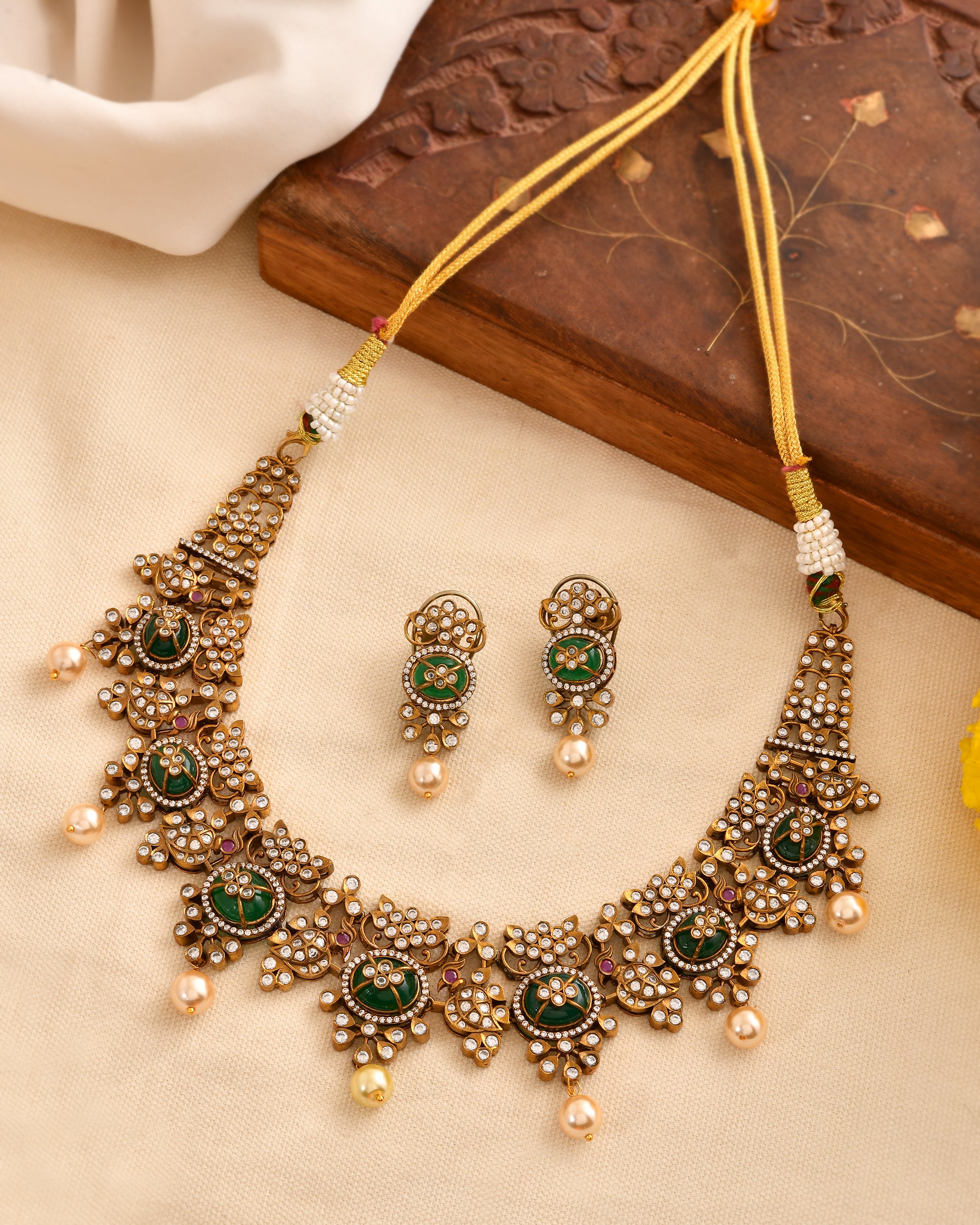 Green Enamel Bridal Set with Pearl Drops