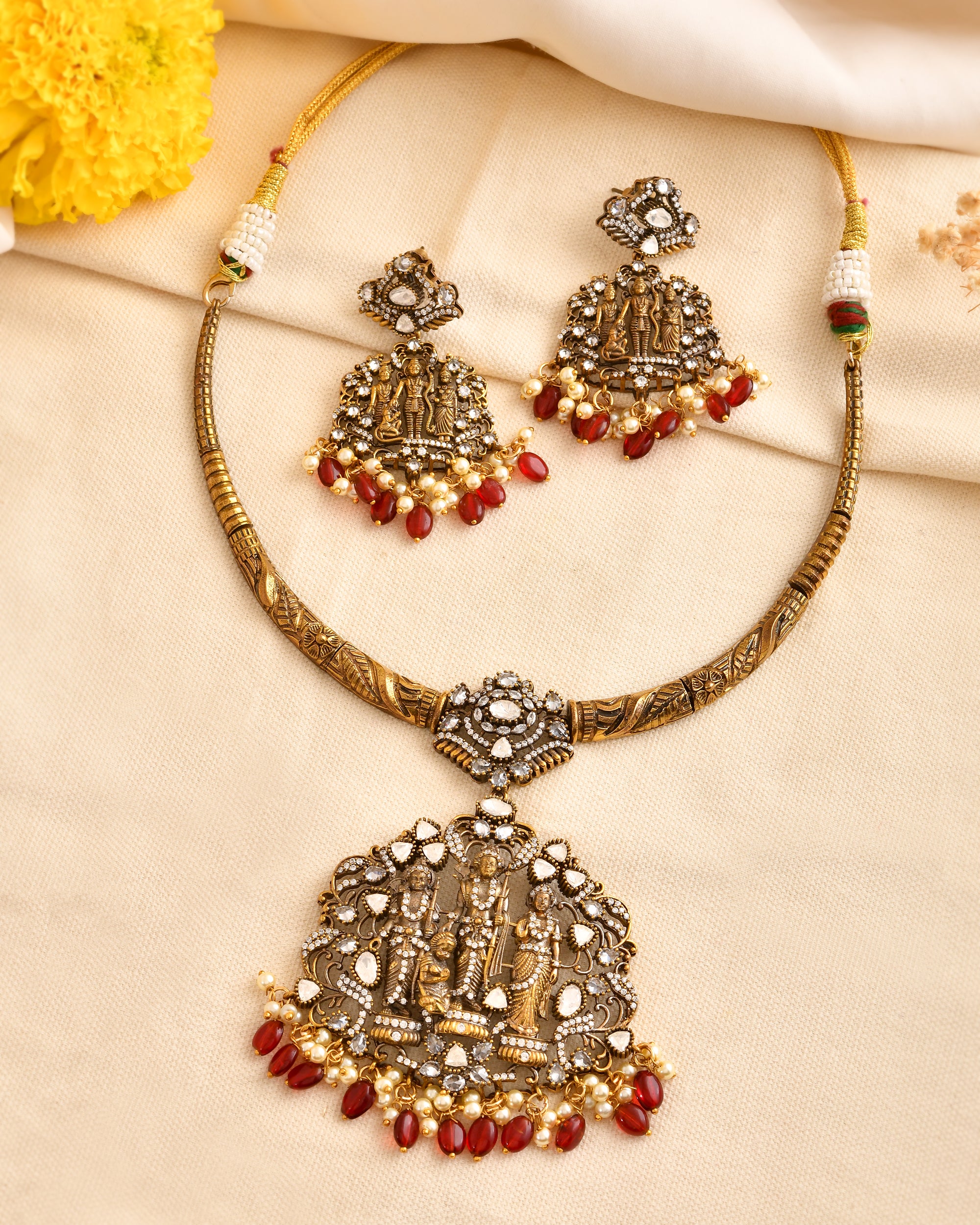 Ram Darbar Necklace Set with Red Bead Drops