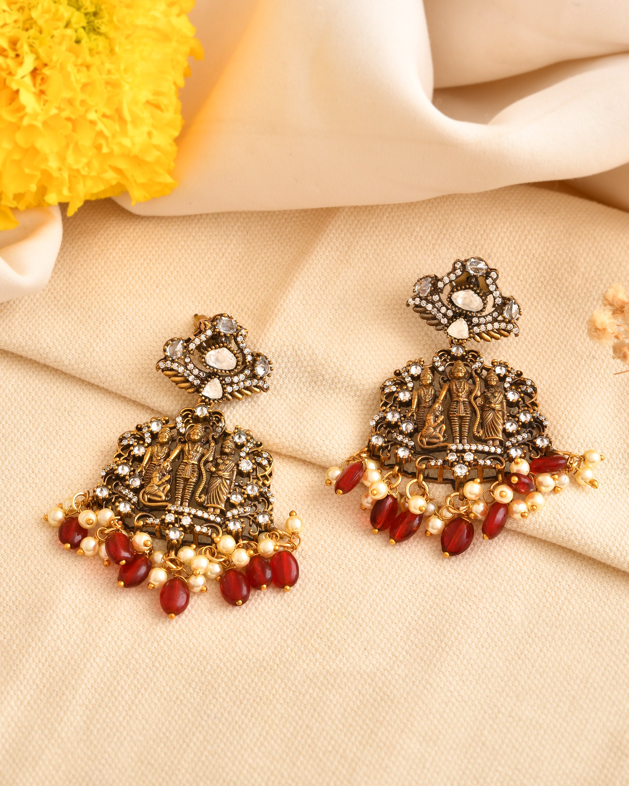 Ram Darbar Necklace Set with Red Bead Drops