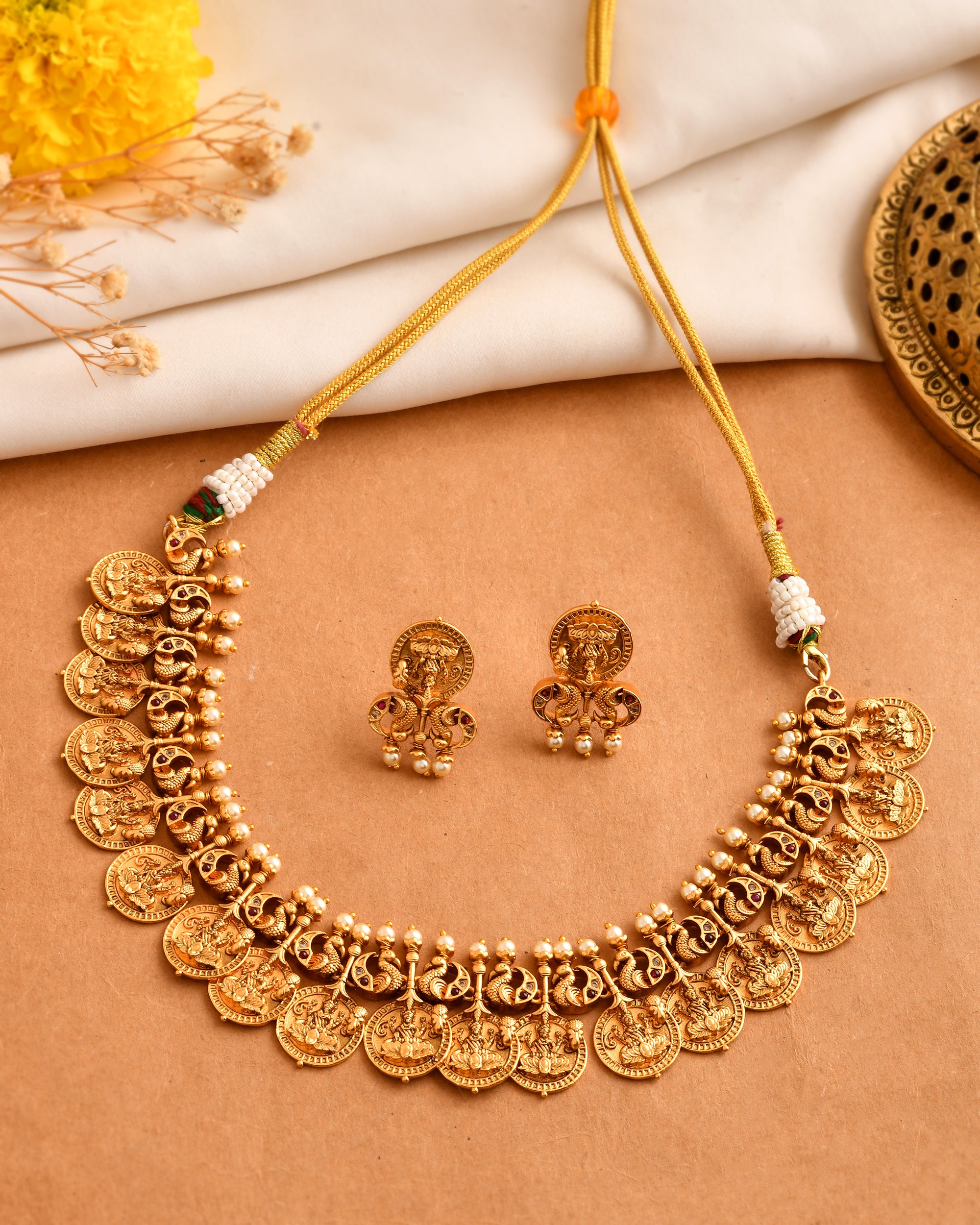 Antique Gold Temple Necklace Set with Lakshmi Motifs