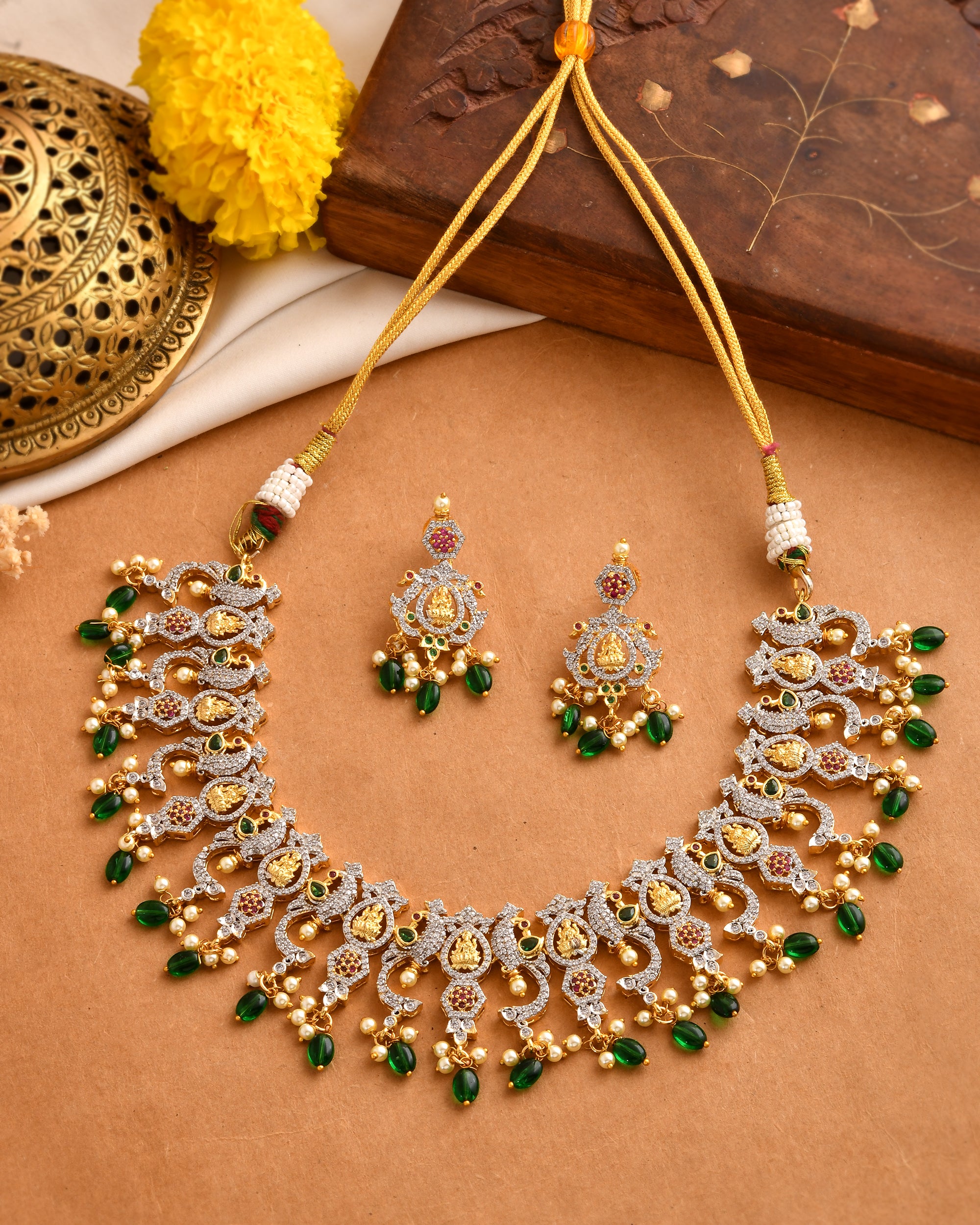 Ruby-Green Stone Necklace Set with Kundan Detailing
