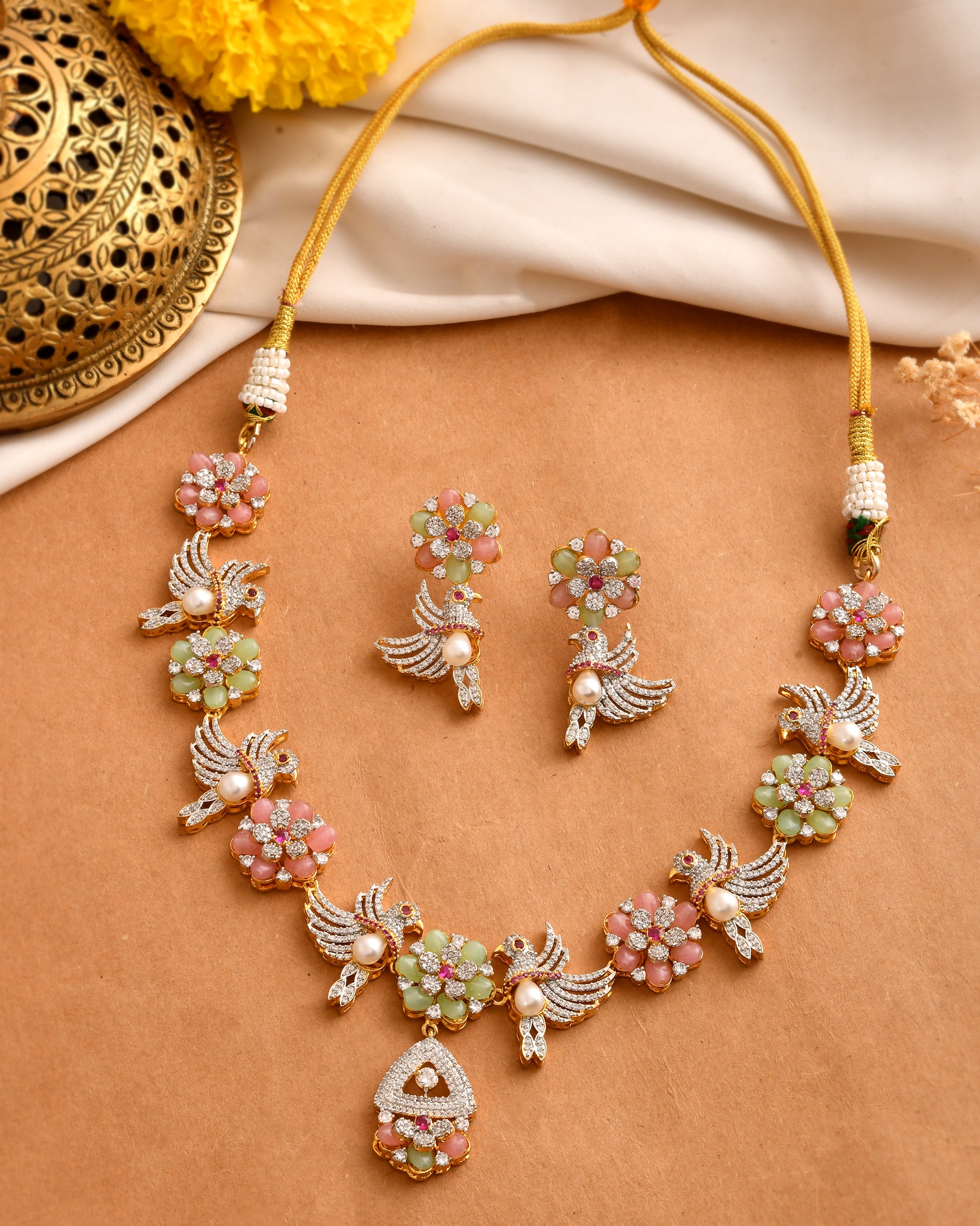 Pastel Floral Necklace Set with Pearl Drops