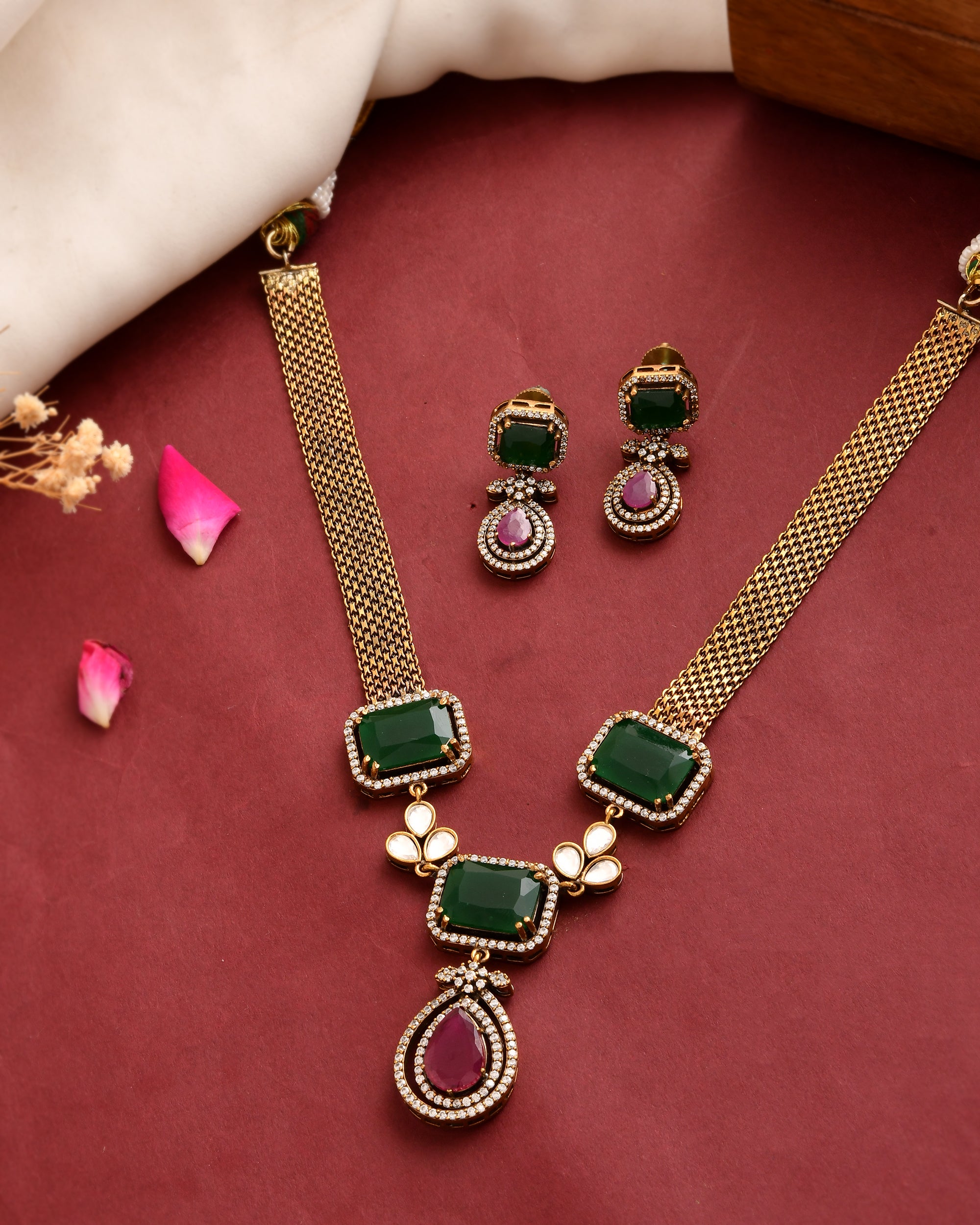 Green and Pink Stone Necklace Set for Women