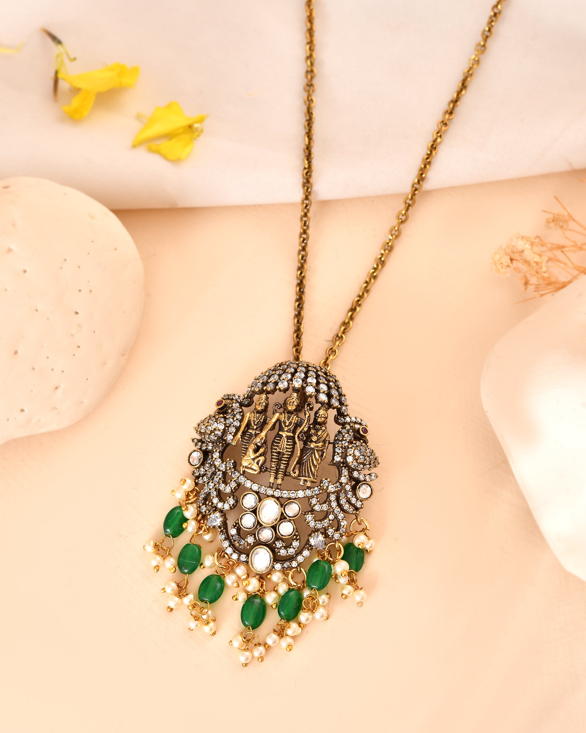 Antique Temple Necklace with Emerald Bead Drops