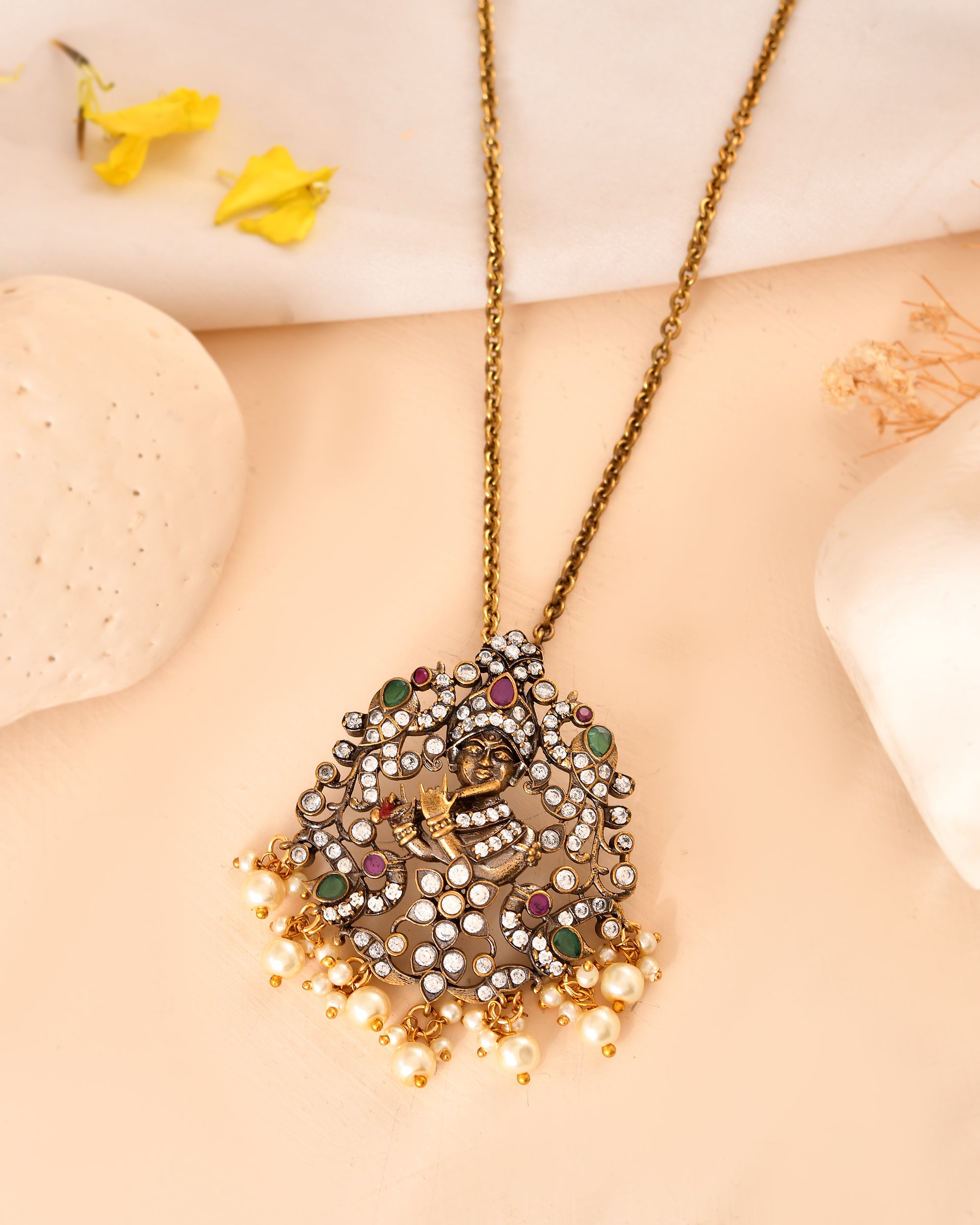 Antique Gold Necklace with Regal Motif & Pearl Drops
